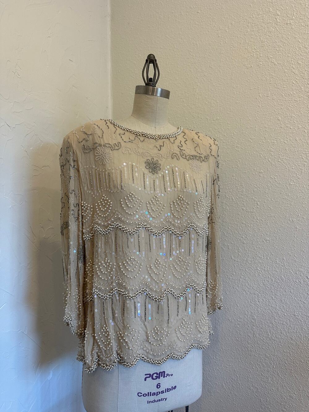 Oleg Cassini Vintage 100% Silk Beaded Sequin Blouse Size 18